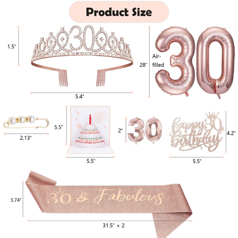 Awfrky 8pcs 30th Birthday Gifts Decorations for Her  Including 30th Happy Birthday Cake Toppers  Birthday Queen Sash with Pearl Pin  Sweet Rhinestone Tiara Crown  Number Candles and Balloons Set  Rose Gold - Image 2